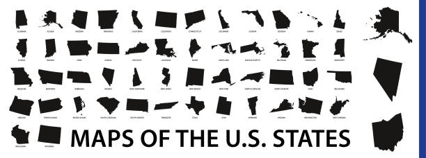 illustrazioni stock, clip art, cartoni animati e icone di tendenza di raccolta della forma del contorno della mappa degli stati degli stati uniti in nero. - connecticut map