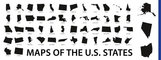 Vector illustration of Collection of outline shape of US states map in black.