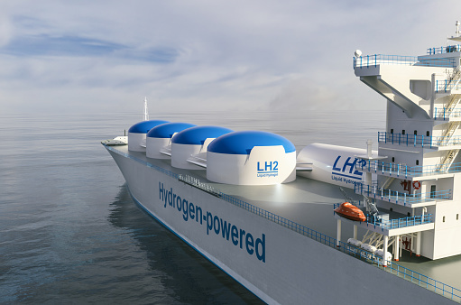 Liqiud Hydrogen renewable energy in vessel - LH2 hydrogen gas for clean sea transportation on container ship with composite cryotank for cryogenic gases