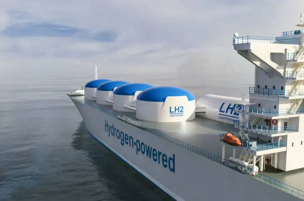 Liqiud Hydrogen renewable energy in vessel - LH2 hydrogen gas for clean sea transportation on container ship with composite cryotank for cryogenic gases