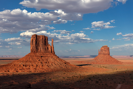 Scenic desert landscape view of Mitten Buttes in Monument Valley Tribal Park, Arizona, USA.