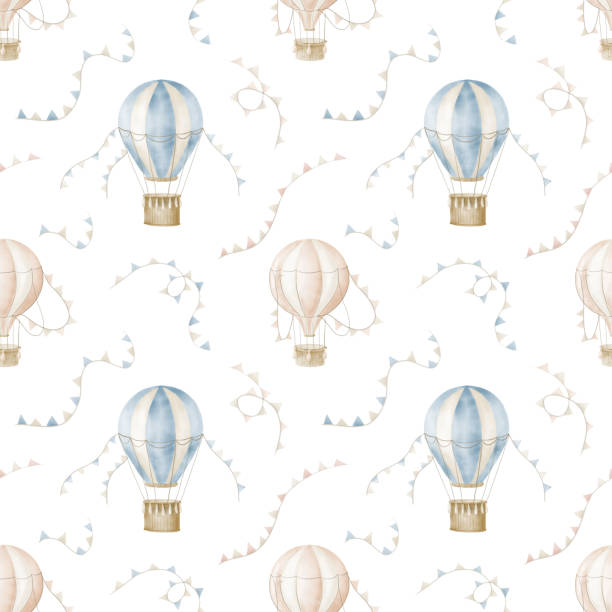 Watercolor Pattern with Air Balloons Watercolor Seamless Pattern with blue and pink Air Balloons and Garlands. Hand painting Background for baby textile watercolor hot air balloon stock illustrations
