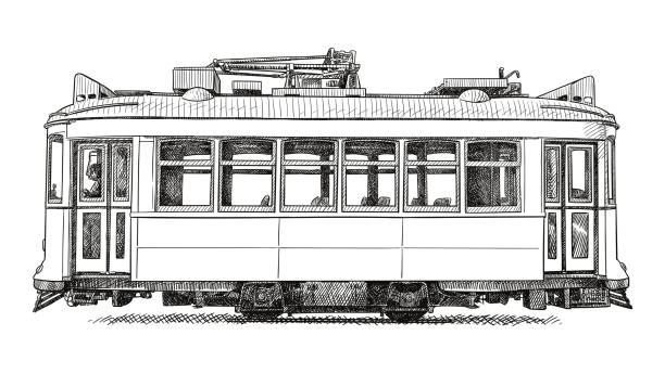 illustrazioni stock, clip art, cartoni animati e icone di tendenza di disegno vettoriale di un vecchio tram di lisbona - cable car illustrations