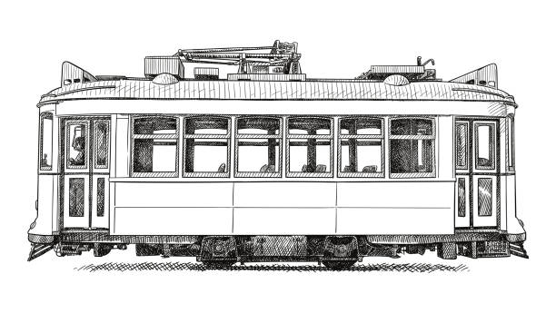 Vector drawing of an old tram from Lisbon Old style illustration of small old tram tram stock illustrations