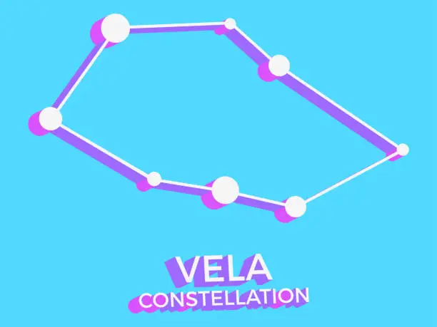 Vector illustration of Vela constellation 3d symbol. Constellation icon in isometric style on blue background. Cluster of stars and galaxies. Vector illustration