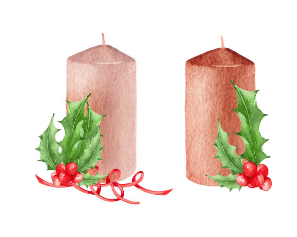 水彩クリスマスキャンドル。クリスマスリースで飾られたキャンドル - christmas branch pine tree evergreen tree点のイラスト素材／クリップアート素材／マンガ素材／アイコン素材