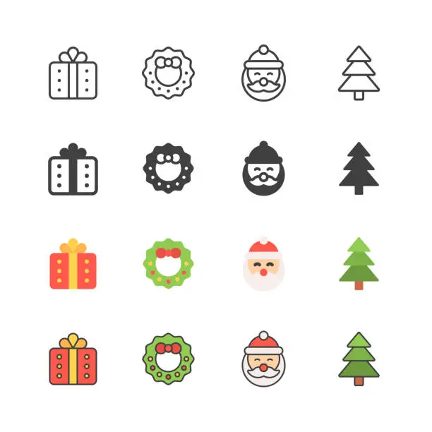 Vector illustration of Christmas Line, Solid, Flat and Colour Icons. Editable Stroke. Contains such icons as Gift, Christmas Wreath, Christmas Decoration, Christmas Ornament, Santa Claus, Christmas Tree, Pine Tree.