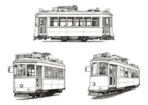 Vector, old style illustration of small old tram
