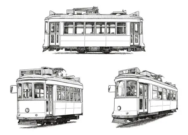 Vector illustration of Set of three drawings of vintage tram from Lisbon