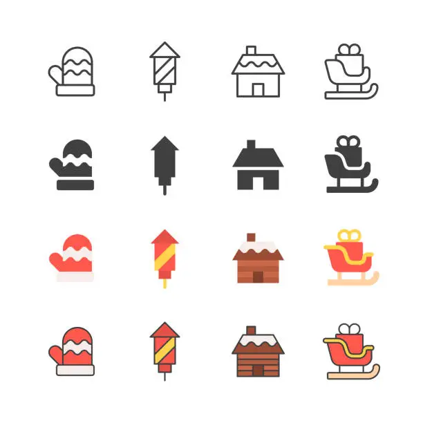 Vector illustration of Christmas Line, Solid, Flat and Colour Icons. Editable Stroke. Contains such icons as Christmas Glove, Fireworks, Winter Hut, Santa Claus Sleigh.