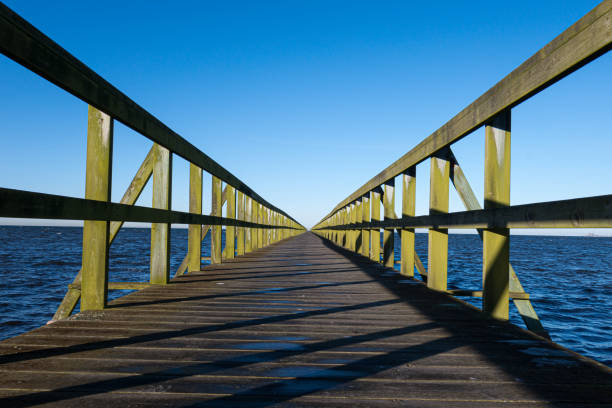 Timber pier leading away to clear blue sky horizon