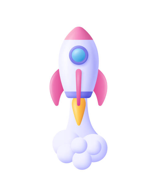 3d-cartoon-stil minimale raumschiff rakete icon. spielzeug raketenaufschwung, rauch spucken. startup, raum, geschäftskonzept. - rakete stock-grafiken, -clipart, -cartoons und -symbole