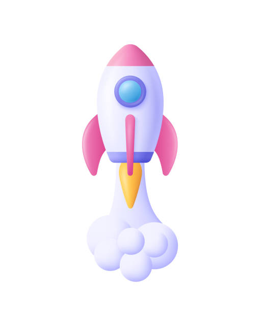 illustrazioni stock, clip art, cartoni animati e icone di tendenza di icona del razzo dell'astronave spaziale minimale in stile cartone animato 3d. ripresa del razzo giocattolo, sputando fumo. startup, spazio, concetto di business. - skyrocket