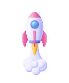 istock 3d cartoon style minimal spaceship rocket icon. Toy rocket upswing ,spewing smoke. Startup, space, business concept. 1355363451