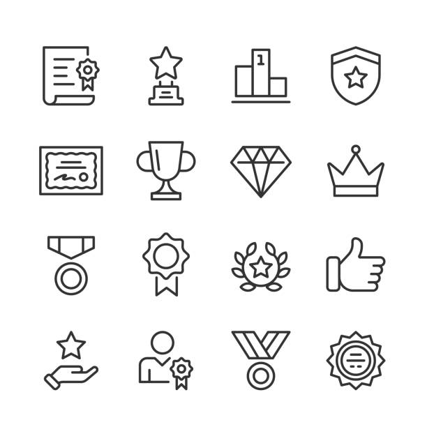 Award Icons — Monoline Series Vector line icon set appropriate for web and print applications. Designed in 48 x 48 pixel square with 2px editable stroke. Pixel perfect. editable stroke stock illustrations