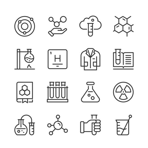 Chemistry Icons — Monoline Series Vector line icon set appropriate for web and print applications. Designed in 48 x 48 pixel square with 2px editable stroke. Pixel perfect. chemistry stock illustrations