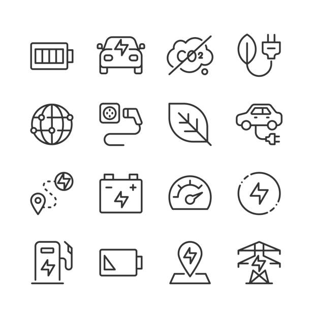 Electric Car Icons — Monoline Series Vector line icon set appropriate for web and print applications. Designed in 48 x 48 pixel square with 2px editable stroke. Pixel perfect. ev charging stock illustrations