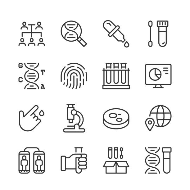 Genetics & DNA Icons — Monoline Series Vector line icon set appropriate for web and print applications. Designed in 48 x 48 pixel square with 2px editable stroke. Pixel perfect. medical research stock illustrations