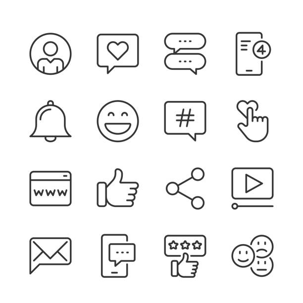 Social Media Icons — Monoline Series Vector line icon set appropriate for web and print applications. Designed in 48 x 48 pixel square with 2px editable stroke. Pixel perfect. social media icons stock illustrations