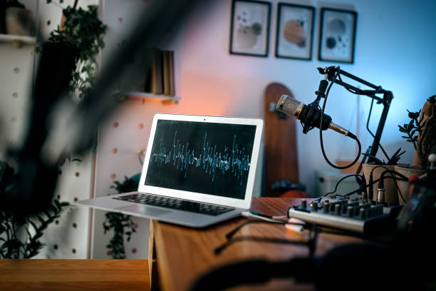 istock Microphone to record podcast in studio with stand 1355367167