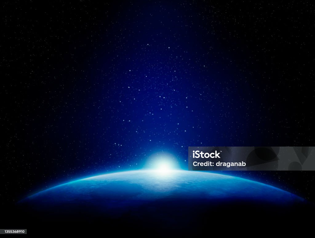 Sunrise Satellite view of planet at sunrise with big copy space of starry night.  Planet texture is moon photoshop brush. Outer Space Stock Photo