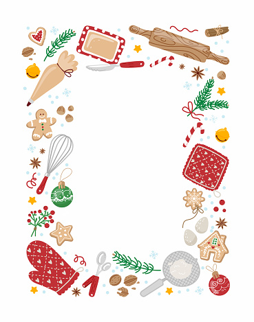 Christmas baking elements concept in vertical composition. Vector illustration on white background with kitchen utensils,rolling pin,cookies,eggs. Flat design.