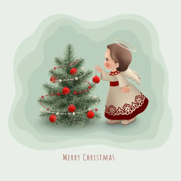 Vector illustration of Merry Christmas card with angel