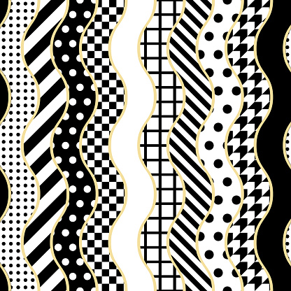 Abstract geometric seamless pattern. Patchwork background. Vertical wavy stripes filled with dots, squares, stripes and other shapes. Black and white and a bit of gold. For textile and paper design