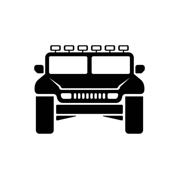 ilustrações, clipart, desenhos animados e ícones de ícone suv. veículo off-road. silhueta preta. vista frontal. vetor simples ilustração gráfica plana. o objeto isolado em um fundo branco. isolar. - truck military armed forces pick up truck