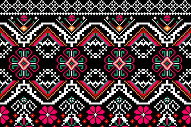Beautiful figure tribal cross stitch pattern Beautiful figure tribal cross stitch geometric ethnic oriental pattern traditional on black background.valentines concept.Aztec style embroidery abstract vector illustration.pink,green,orange,red tone slavic culture stock illustrations