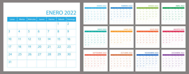 Spanish calendar planner 2022, vector schedule month calender, organizer template. Business personal page. Modern illustration Spanish calendar planner 2022, vector schedule month calender, organizer template. Business personal page. Modern simple illustration january in spanish stock illustrations
