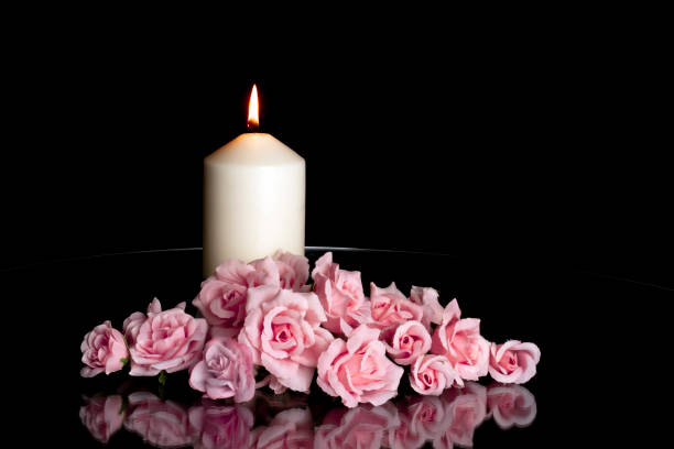 LIGHTED CANDLE AND ELEGANT PINK ROSES ARRANGEMENT ON DARK BACKGROUND. LIGHTED CANDLE AND ELEGANT PINK ROSES ARRANGEMENT ON DARK BACKGROUND. memorial stock pictures, royalty-free photos & images