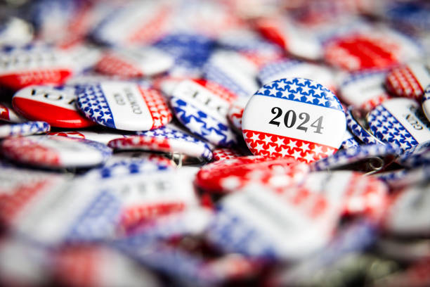 Election Vote Button 2024 Closeup of election vote button with text that says 2024 primary election photos stock pictures, royalty-free photos & images