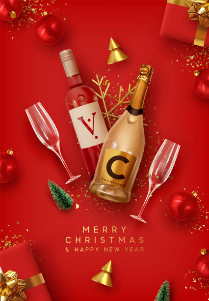 bildbanksillustrationer, clip art samt tecknat material och ikoner med merry christmas and happy new year. red xmas background - champagne vin