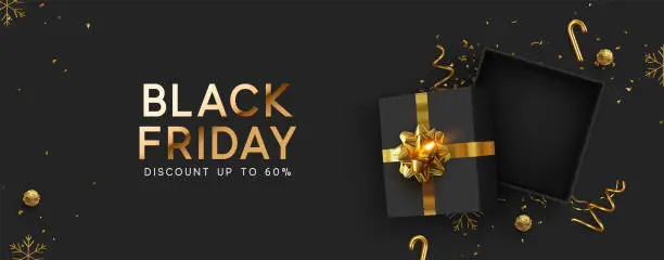 Vector illustration of Black Friday Super Sale. Realistic black gifts boxes.