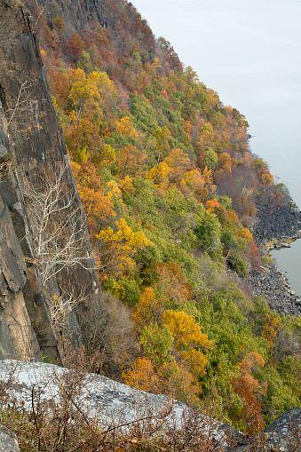 Aerial view from the top of the Palisades Cliffs in New Jersey along the Hudson River.