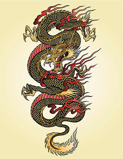 bardzo szczegółowa ilustracja asian dragon tattoo - asian tribal culture obrazy stock illustrations