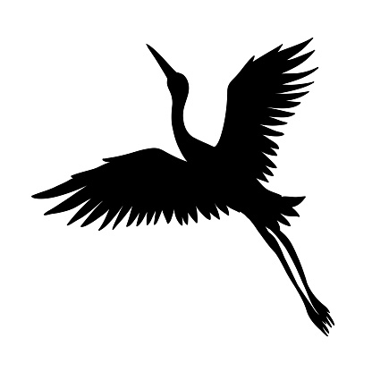 The silhouette of a flying crane on a white background. Vector illustration