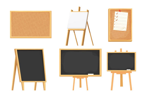 Set chalkboard, blackboard, easel, cork board on tripod in cartoon style isolated on white background. Collection presentation empty frames, mock up. Vector illustration Set chalkboard, blackboard, easel, cork board on tripod in cartoon style isolated on white background. Collection presentation empty frames, mock up. Vector illustration bulletin board stock illustrations