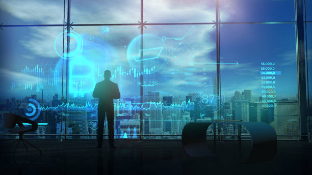 istock Trader in his office and infographics about bitcoin, 3D render. 1355396765