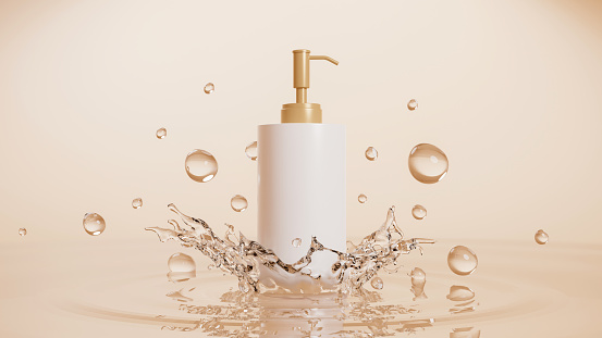 White shower gel bottle mockup with water splash on natural luxury beige background. 3d rendering, 3d illustration