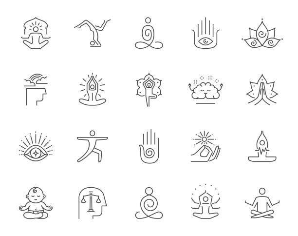 meditation und yoga skizzieren ikonen. - yoga stock-grafiken, -clipart, -cartoons und -symbole