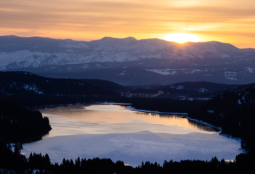A nice winter sunrise over Donner Lake and the town of Truckee, California
