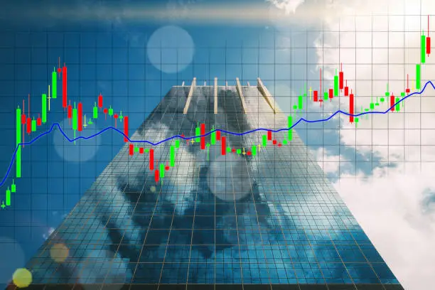 Candle trade graph growth chart of financial business and economic stock market price with mirror building tower and blue sky background landscape