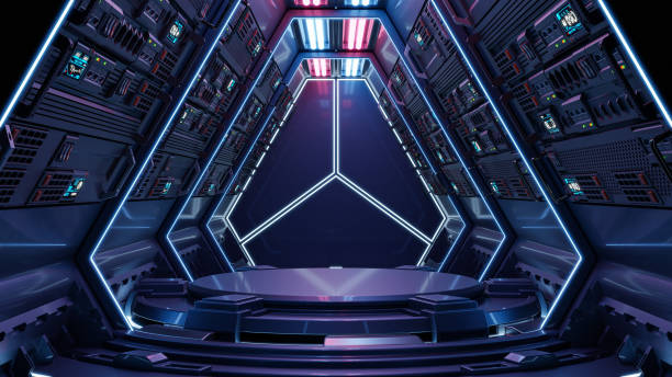 istock Futuristic sci fi empty podium in room with for product presentation. 1355413809