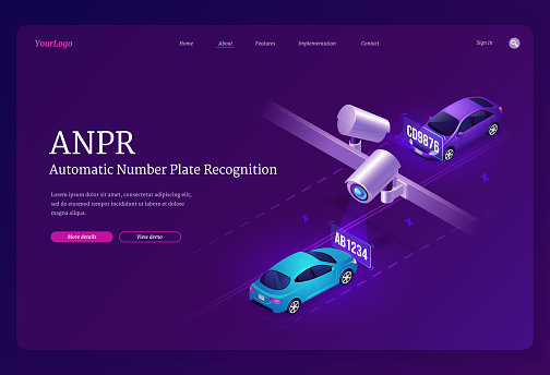 ANPR technology isometric landing page. Automatic number plates recognition, car registration and speed detection. Location tracking radar and road traffic rule violation cameras 3d vector web banner