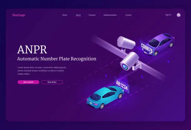 Vector illustration of ANPR technology isometric landing page, cameras