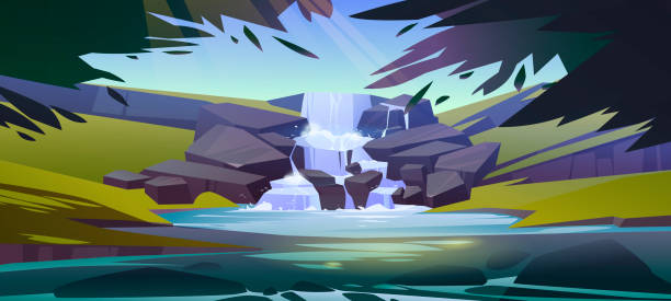 森の漫画の風景の滝カスケード - waterfall river tropical rainforest vector点のイラスト素材／クリップアート素材／マンガ素材／アイコン素材