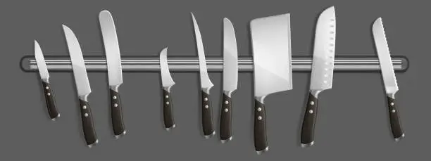 Vector illustration of Magnetic holder with kitchen knives, chef hatchets