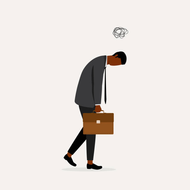 ilustraciones, imágenes clip art, dibujos animados e iconos de stock de empleado negro que siente fatiga en el trabajo. insatisfacción laboral. - tired man